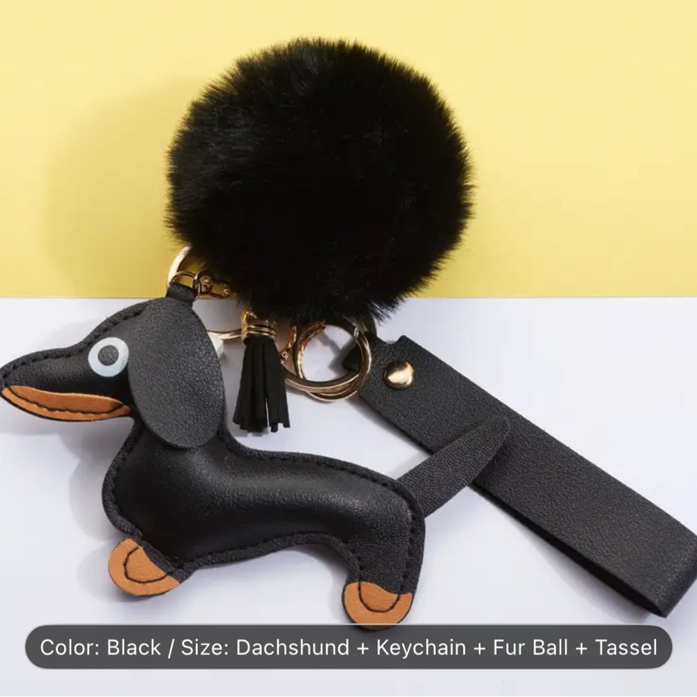 Black Dachshund Keychain with Fur Ball and Tassel